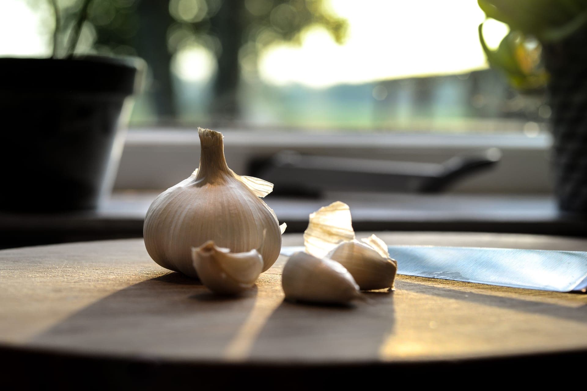Fresh whole vegetables arranged on a warm wooden kitchen bench.